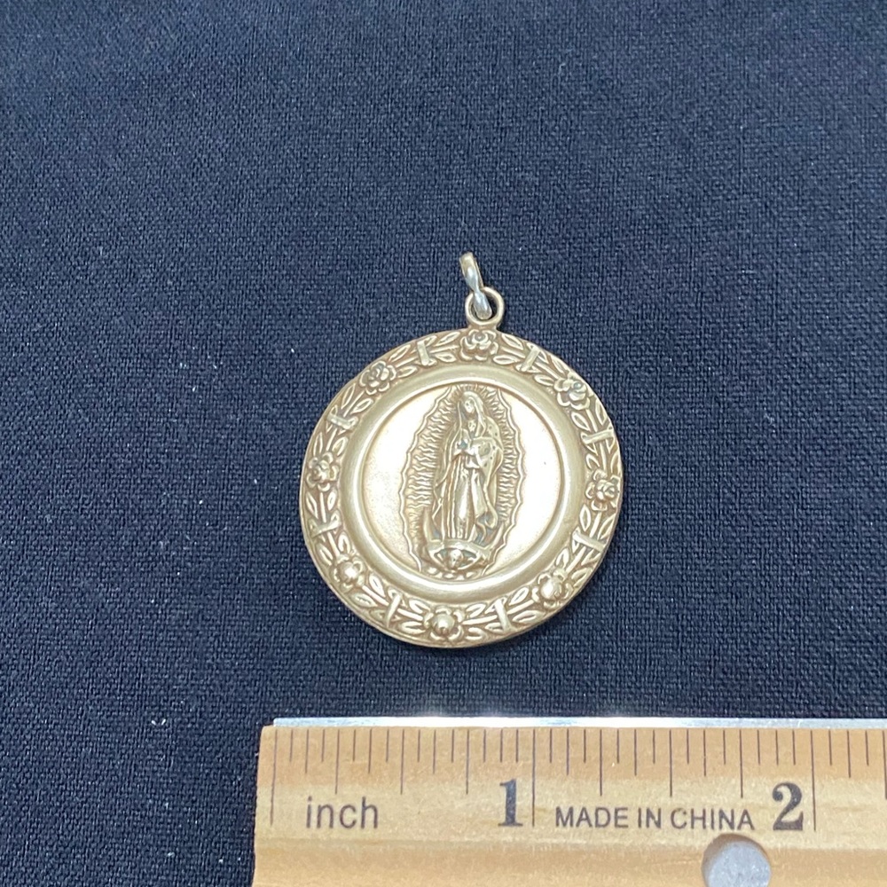 Pendant Our Lady of Guadalupe & Sacred Heart of Jesus Large Brass Virgin Mary